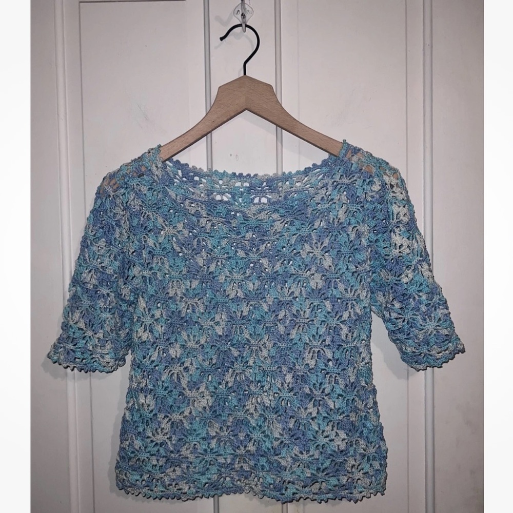 Vintage Handmade Crochet Crop Top Blue Pullover Boho Cottagecore Shabby Chic S/M